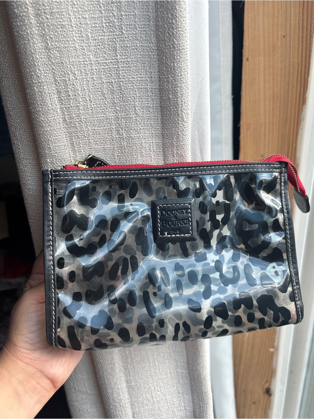 Vintage Dooney & Bourke 1975 Leopard Print Clear PVC Cosmetic Pouch Red Trim